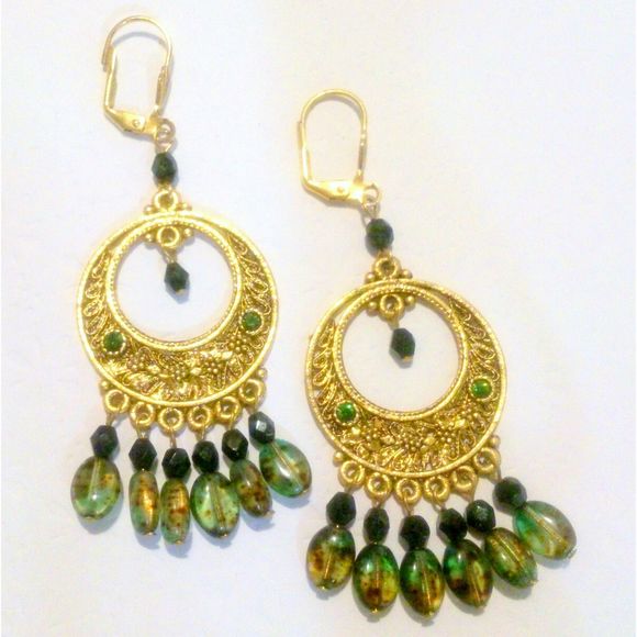 Unbranded Jewelry - Bohemian Ornate Gold Tone Green Bead and Rhinestone Drop Earrings